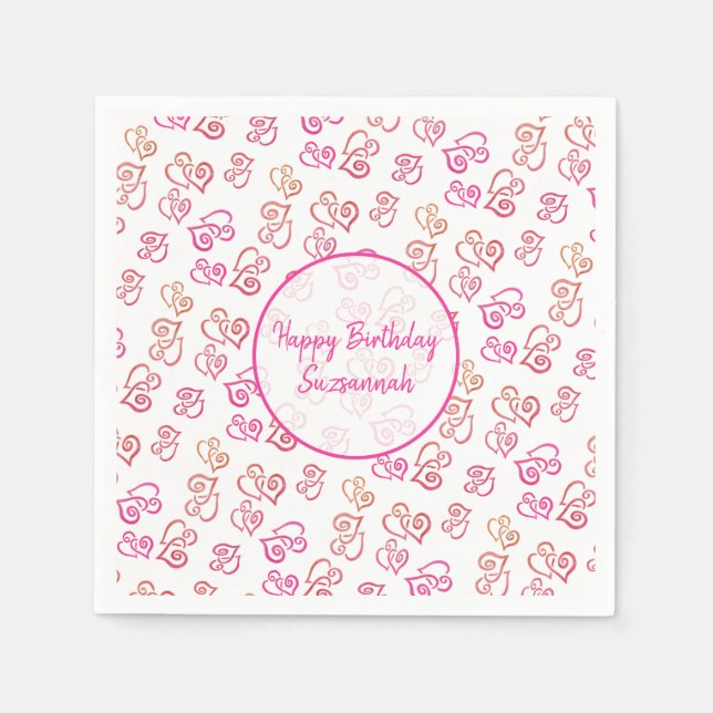 Custom Linked Orange Pink Heart Pattern Over White Napkin (Front)