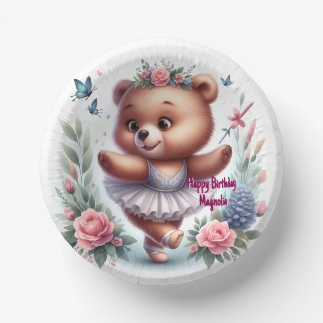 Custom Little Ballerina Bear Birthday Paper Bowls Plate (Front)