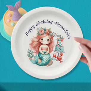 Custom Little Girls Mermaid Birthday Party Pink Paper Plate