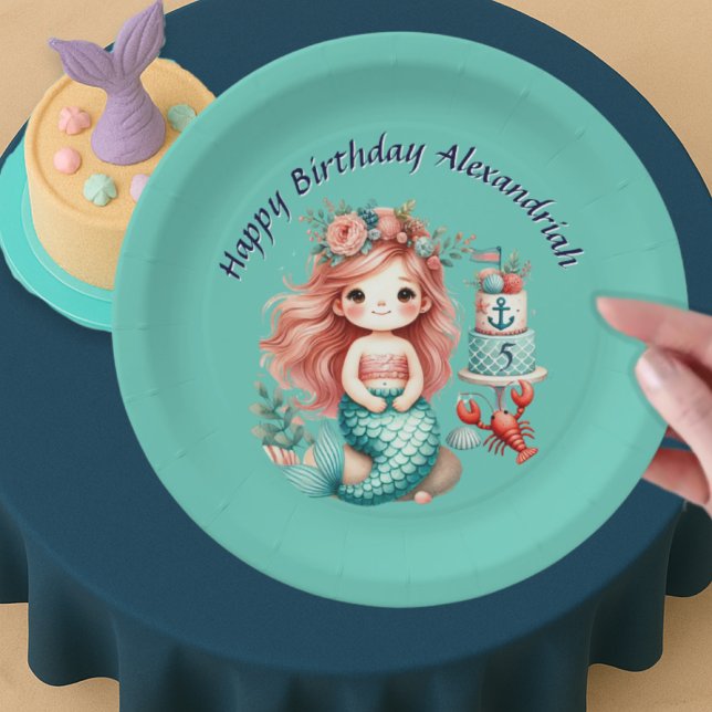 Custom Little Girls Mermaid Birthday Party Teal Paper Plate (Creator Uploaded)
