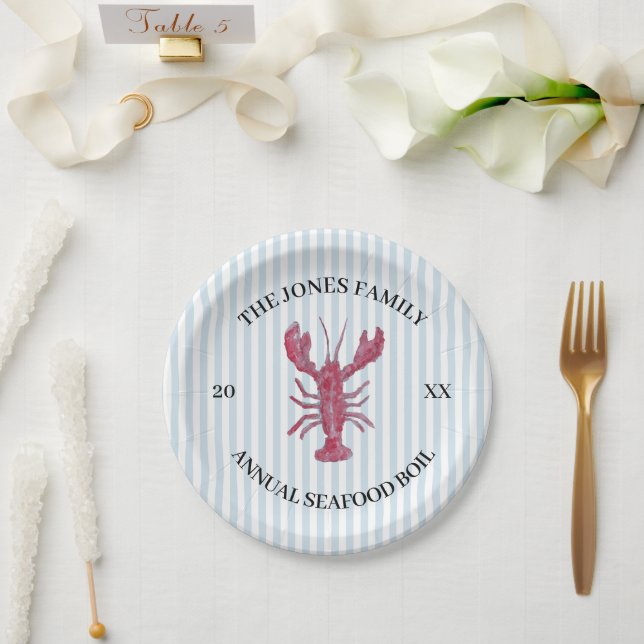 Custom Lobster Boil Nautical Blue Stripe Paper Plate (Wedding)