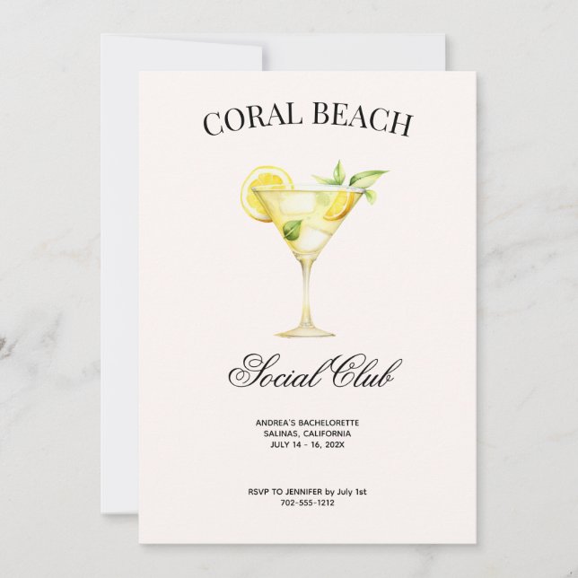 Custom Location Social Club Lemon Cocktail Bach  Invitation (Front)