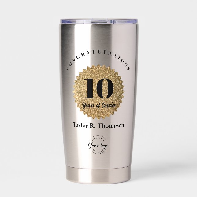 Custom logo 10 Years of Service Award Gold seal Insulated Tumbler (Front)