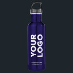 Custom Logo and Text on Blue 710 Ml Water Bottle<br><div class="desc">Advertise with your business logo, slogan, company name, website or other custom text on a branded blue stainless steel water bottle. Replace the sample logo and text with your own in the sidebar. White or light coloured logos will work best with the dark background. Your brand symbol can be any...</div>