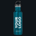 Custom Logo and Text on Teal Blue 710 Ml Water Bottle<br><div class="desc">Advertise with your business logo, slogan, company name, website or other custom text on a branded teal blue stainless steel water bottle. Replace the sample logo and text with your own in the sidebar. White or light coloured logos will work best with the dark background. Your brand symbol can be...</div>