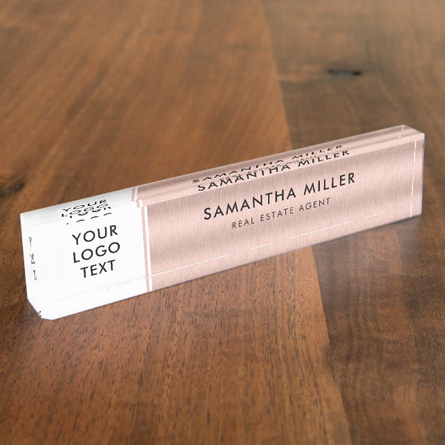 Custom Logo and Text White & Rose Gold Nameplate (Side)