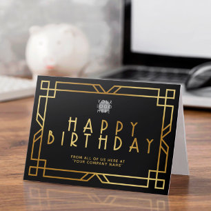 Custom Logo Art Deco Gold Business Birthday Black Card