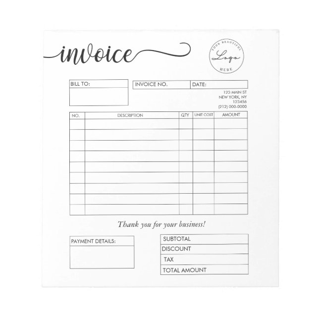 Custom Logo Bakery Invoice Small Business Notepad (Front)