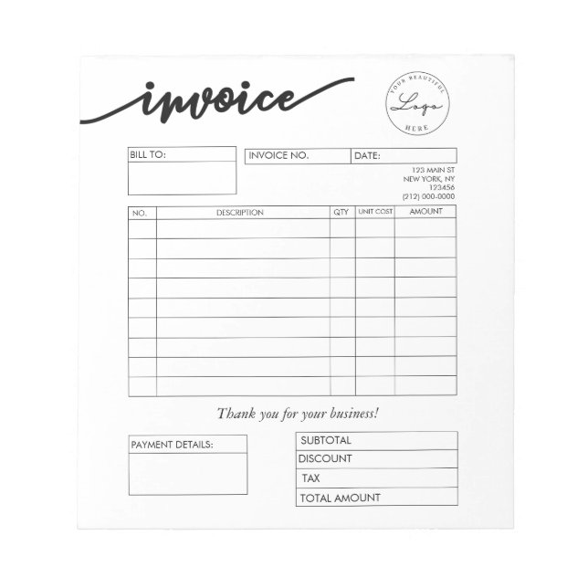Custom Logo Bakery Invoice Small Business Notepad (Front)