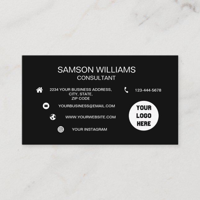 Custom Logo Black Minimalist Social Media Icons Business Card (Front)