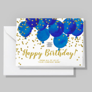 Custom Logo Blue Balloons Gold Confetti Birthday Card