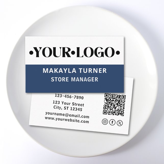 Custom Logo Blue QR Code Social Icons Business Card (Creator Uploaded)
