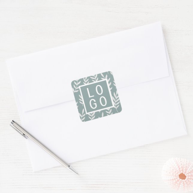 CUSTOM LOGO BOTANIC PLANT LEAF PATTERN SAGE GREEN SQUARE STICKER (Envelope)