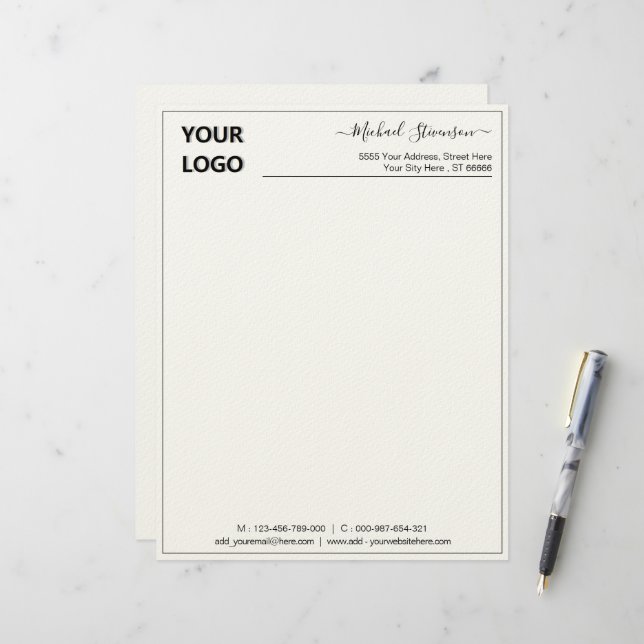 Custom Logo Business Name Elegant Frame Modern  Letterhead (Front/Back In Situ)