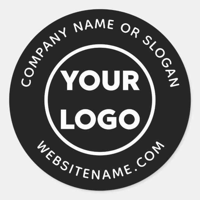 Custom Logo Business Website and Slogan on Black Classic Round Sticker (Front)