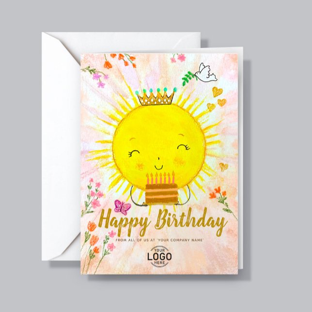 Custom Logo Cute Smiling Sun With Cake Birthday Card (Creator Uploaded)