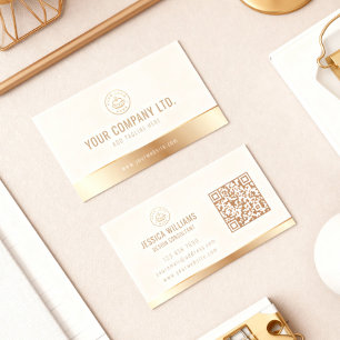 Custom Logo Elegant Beige Gold QR Code Business Card