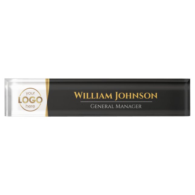 Custom Logo Elegant Black Gold Desk Nameplate (Front)