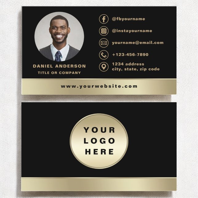 Custom Logo Elegant Black Gold Photo Business Card (Creator Uploaded)