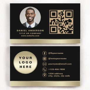 Custom Logo Elegant Black Gold QR Code Photo Business Card