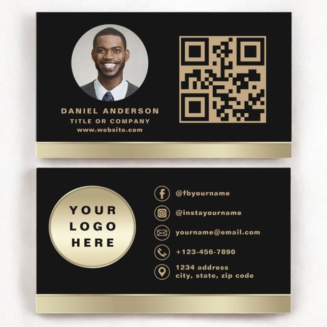 Custom Logo Elegant Black Gold QR Code Photo Business Card (Creator Uploaded)