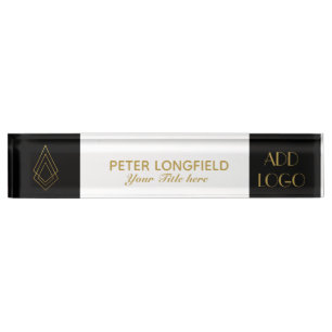 Custom Logo Elegant Black White Desk Nameplate