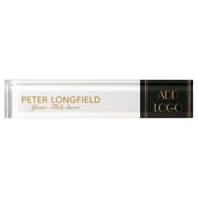 Custom Logo Elegant Black White Desk Nameplate (Front)