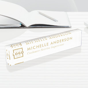 Custom Logo Elegant Modern Minimalist White Gold Nameplate