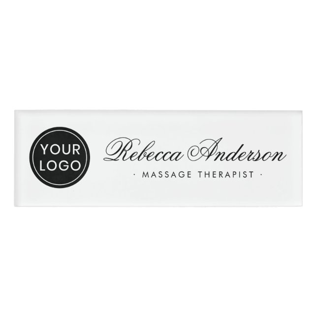 Custom logo elegant script white magnetic name tag (Front)
