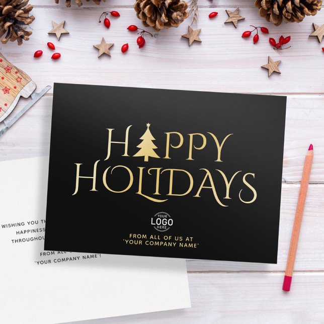 Custom Logo Elegant Simple Black Gold Christmas Holiday Card (Creator Uploaded)