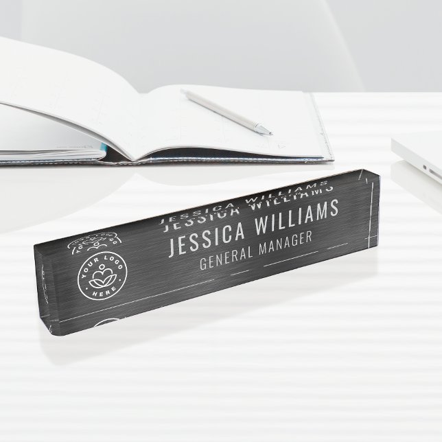 Custom Logo Employee Luxury Faux Brushed Black Nameplate (Creator Uploaded)