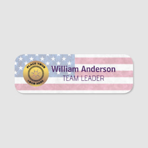 Custom logo employee name title flag usa proud tag