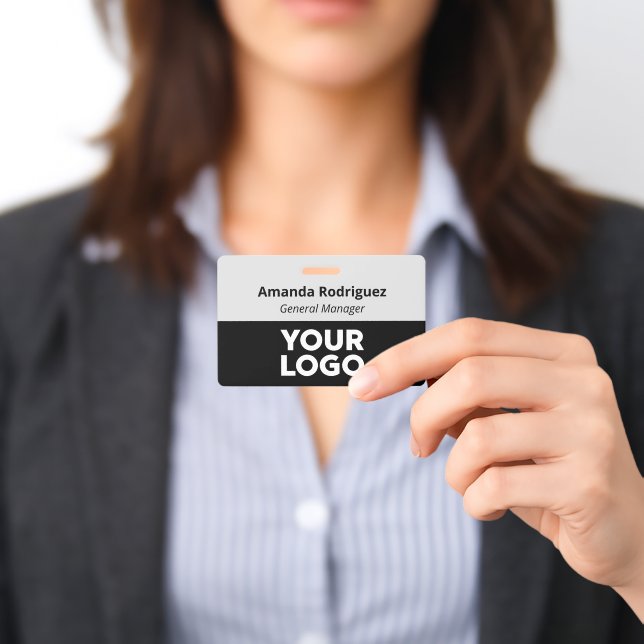 Custom Logo Employee Simple Grey Black Name ID Badge (Presented)