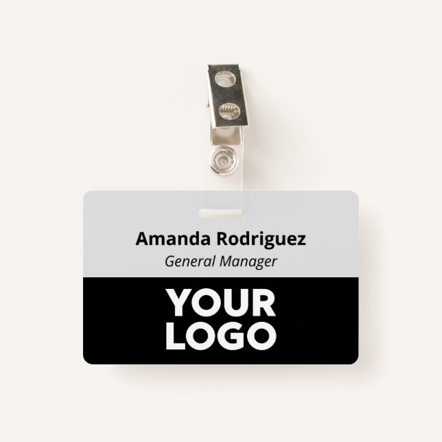 Custom Logo Employee Simple Grey Black Name ID Badge (Front with Clip)
