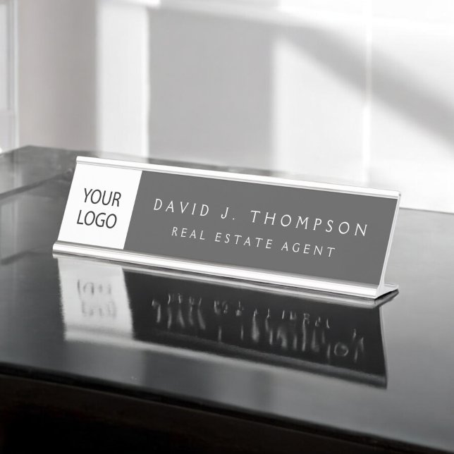 Custom Logo Executive Grey Professional Desk Name Plate (Creator Uploaded)