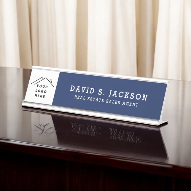 Custom Logo Executive Navy Blue Professional Desk Name Plate (Creator Uploaded)