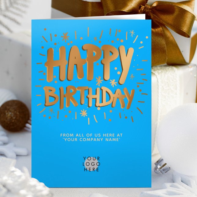 Custom Logo Faux Gold 3d Happy Birthday Sky Blue Card (Creator Uploaded)