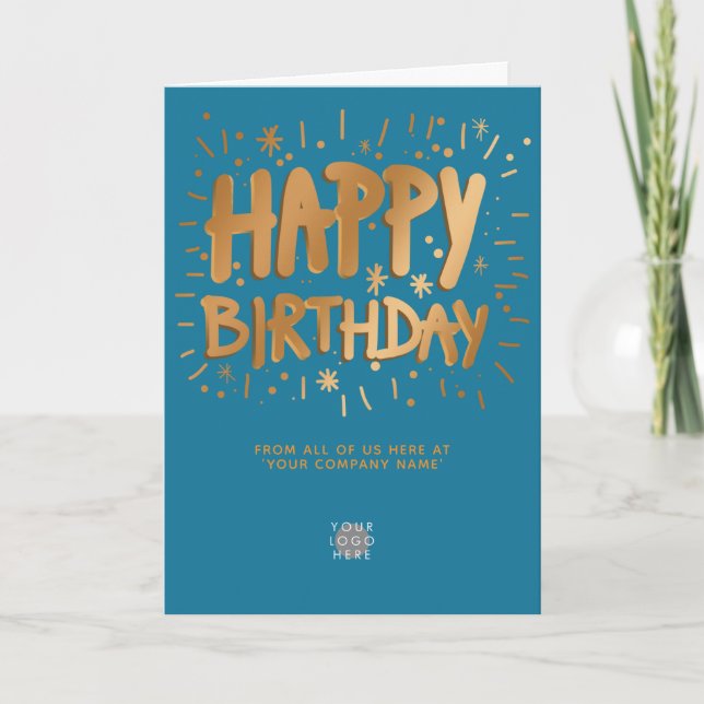 Custom Logo Faux Gold 3d Happy Birthday Teal Blue Card (Front)