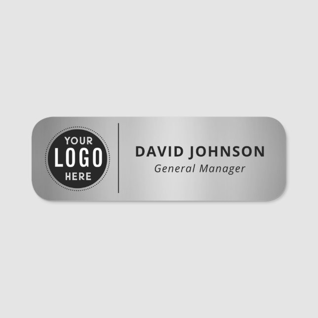 Custom Logo Faux Metallic Silver Employee Name Tag (Front)