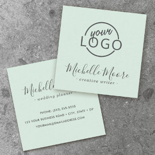 Custom logo feminine minimalist light mint green square business card