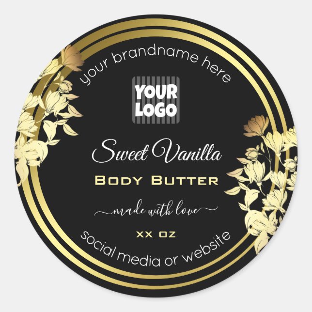 Custom Logo Floral Product Labels Black Gold Frame (Front)