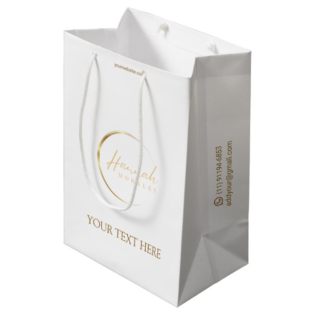 Custom logo gold and white chic business medium gift bag (Front Angled)