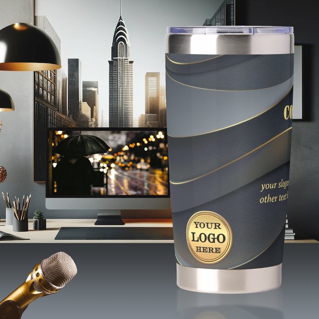 Custom Logo Grey Gold Business Insulated Tumbler (Office thermal tumbler featuring your custom logo and texts on a grey gold abstract design)