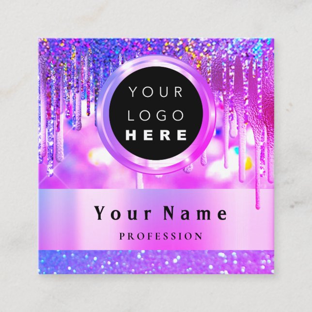 Custom Logo Holographic Pink Glitter Drips Square Business Card (Front)