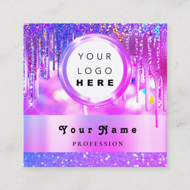 Custom Logo Holographic Pink Glitter Drips VIP Square Business Card (Front)