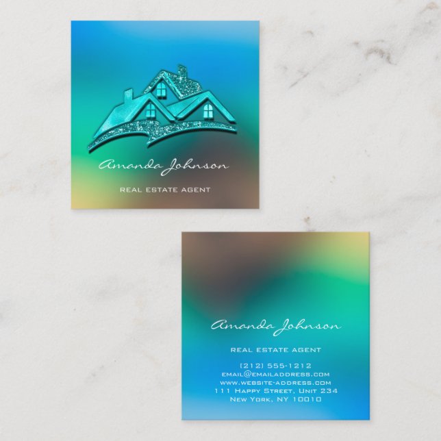 Custom Logo House Real Estate Agent Blue Ombre Square Business Card (Front/Back)