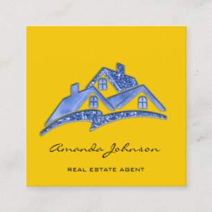 Custom Logo House Real Estate Agent Blue Yellow Square Business Card