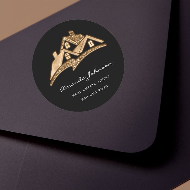 Custom Logo House Real Estate Agent Gold Black Squ Classic Round Sticker (Custom Logo House Real Estate Agent Gold Black Squ Classic Round Sticker)