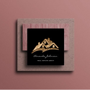 Custom Logo House Real Estate Agent Gold Black Square Business Card