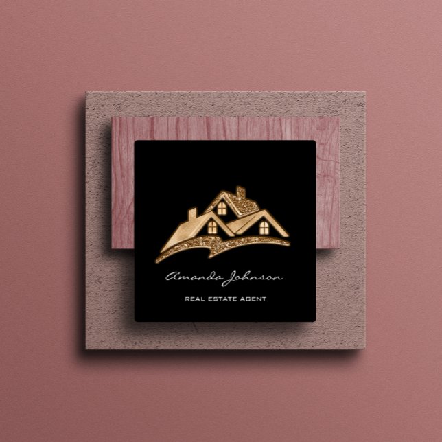 Custom Logo House Real Estate Agent Gold Black Square Business Card (Creator Uploaded)